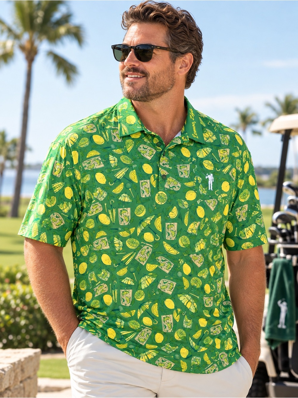 William Murray Golf Lemon Life Cocktail Print Performance Polo Green XXL #224